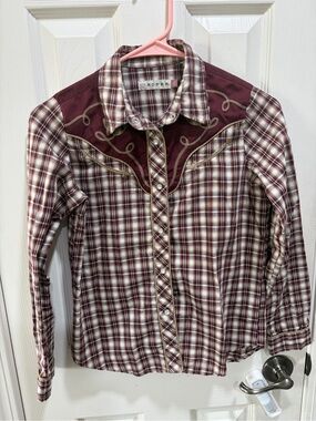Roper Girls' Burgundy and Cream Plaid Western Snap Shirt